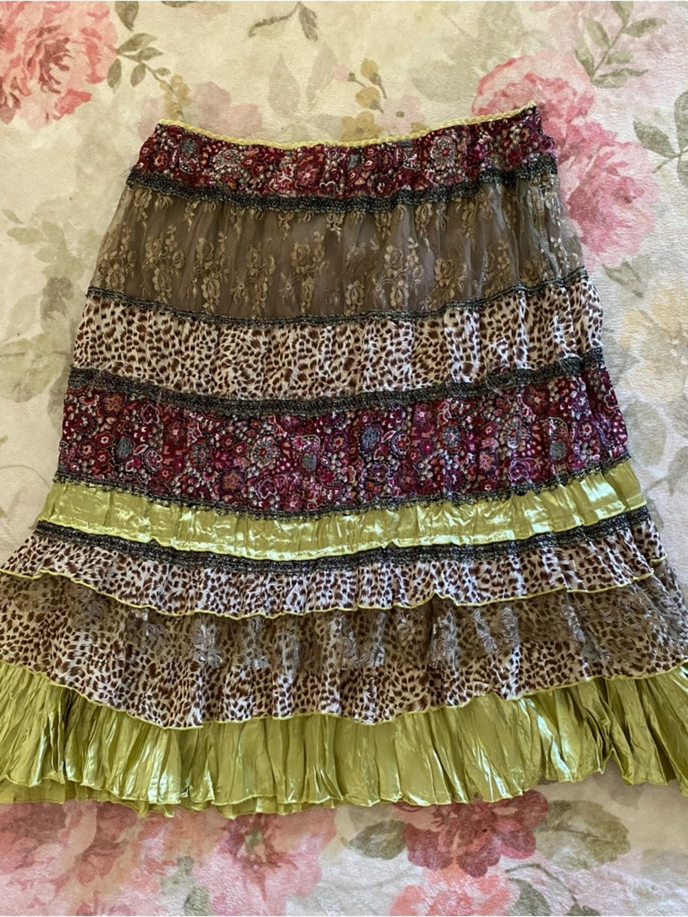 hazel Multi-Print Tiered Boho Midi Skirt in Lime and Burgundy